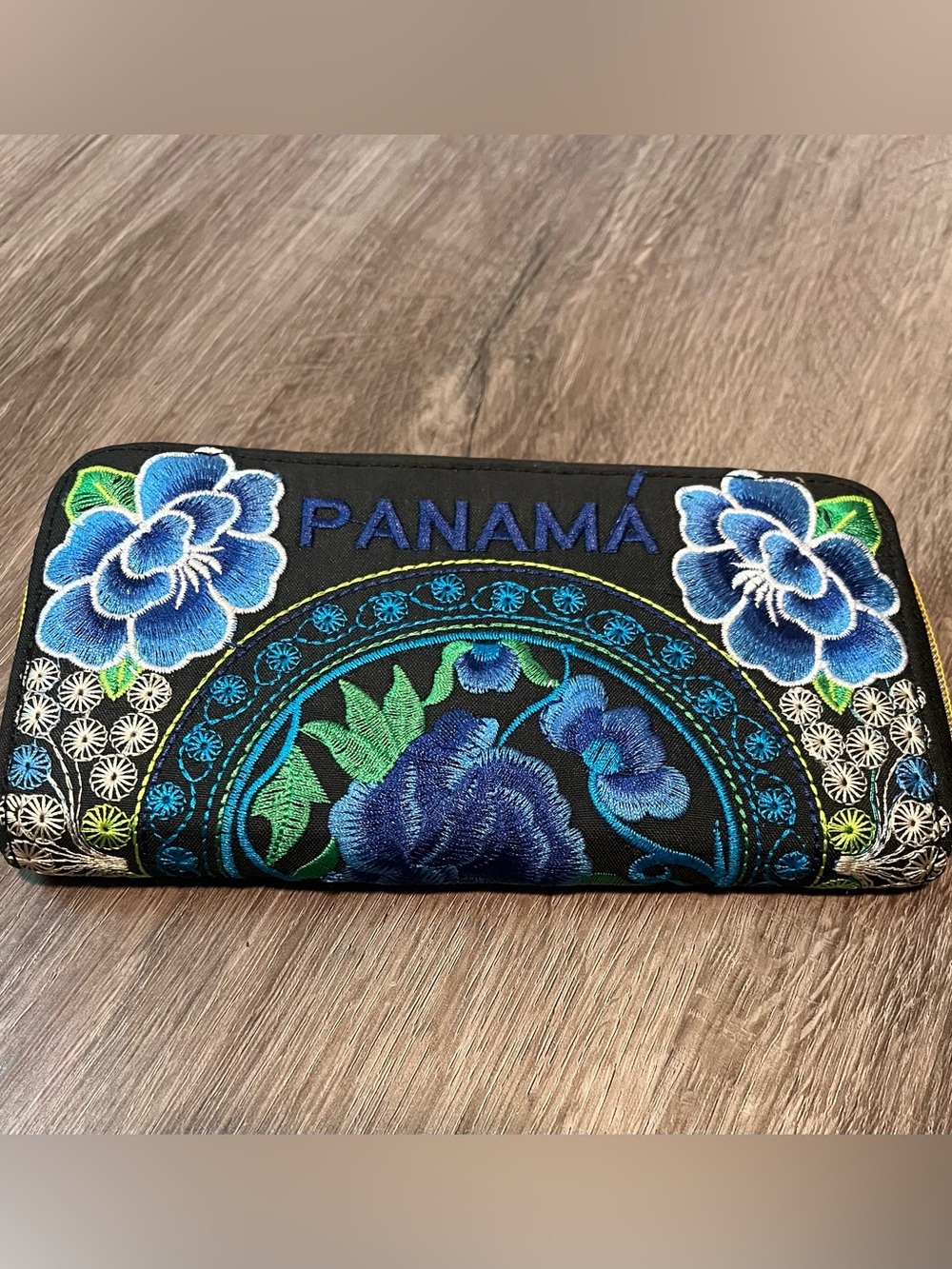 Panama Black Embroidered Floral Zip Wallet with Blue & Green Accents